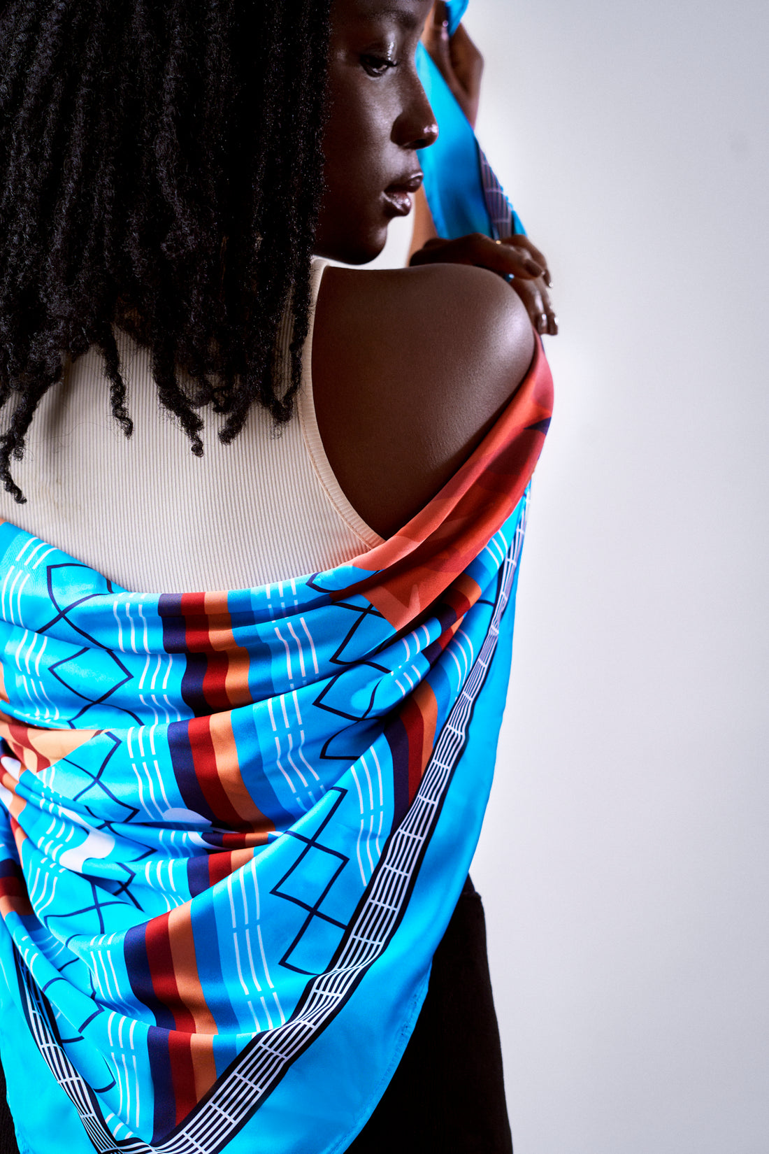 Osifo Silk Scarf in Lines and Kakaaki Blue