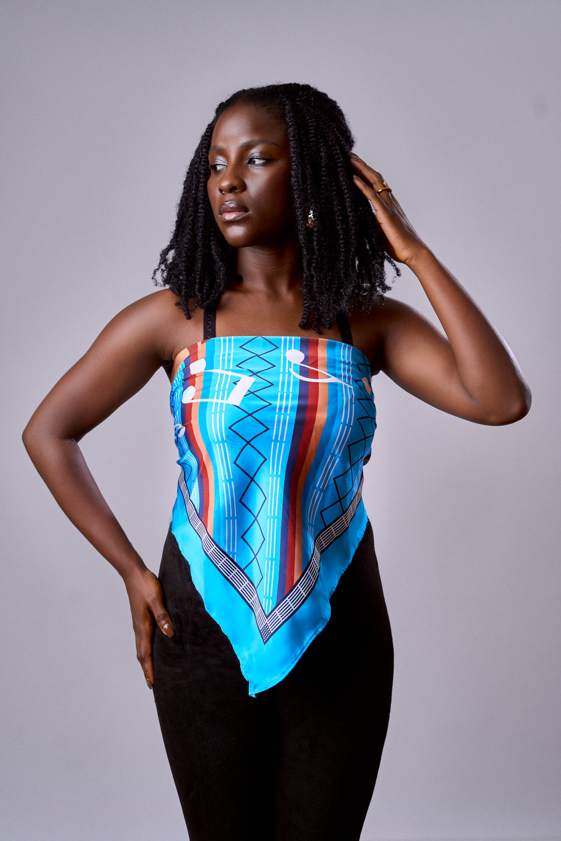 Osifo Silk Scarf in Lines and Kakaaki Blue